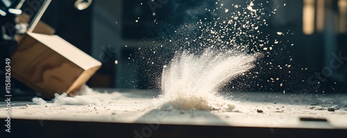 Wood dust exploding upwards after wooden box falls on workshop table photo