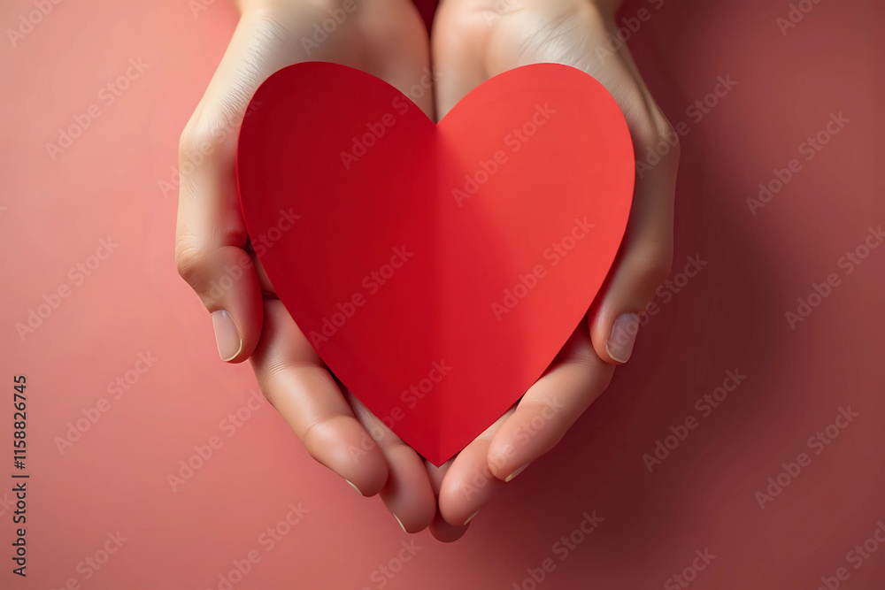 Valentine's Day, red heart made of paper are held in the hands of a couple in love. Top view. Copy space. Place for text. Valentine's Day, red heart made of paper are held in the hands of a couple in love. Top view. Copy space. Place for text.