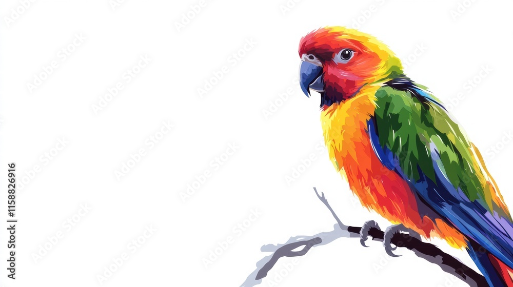 Bright parrot perched on a branch with vibrant colors and ample space for text or message. Generative AI Bright parrot perched on a branch with vibrant colors and ample space for text or message. Generative AI