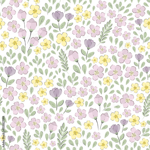 Vector illustration. Seamless pattern of pastel purple, yellow flowers on a light background. Delicate floral pattern, field of small  flowers, print for fabric, textile, wallpaper, baby clothes,