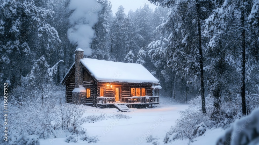 A charming cabin nestled in a snowy forest, with smoke curling from the chimney and warm light glowing from the windows, inviting and cozy. A charming cabin nestled in a snowy forest, with smoke curling from the chimney and warm light glowing from the windows, inviting and cozy.