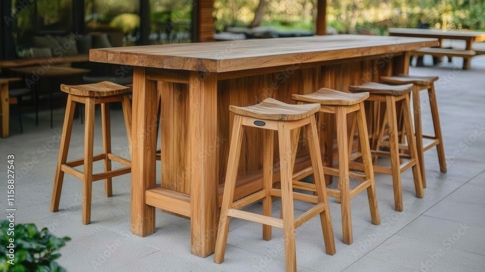 Teak wood bar stools arranged around a rustic teak wood bar, for an outdoor gathering,
