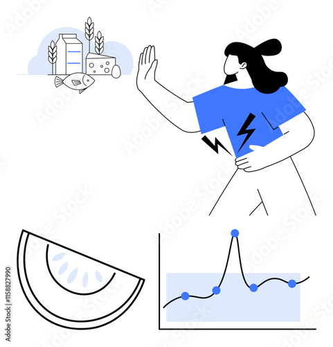 Person turns away from foods thumbs up milk bread cheese, and fish toward healthy choices. Ideal for illustrating dietary balance, energy, decision-making, health trends, lifestyle, analytics. Line