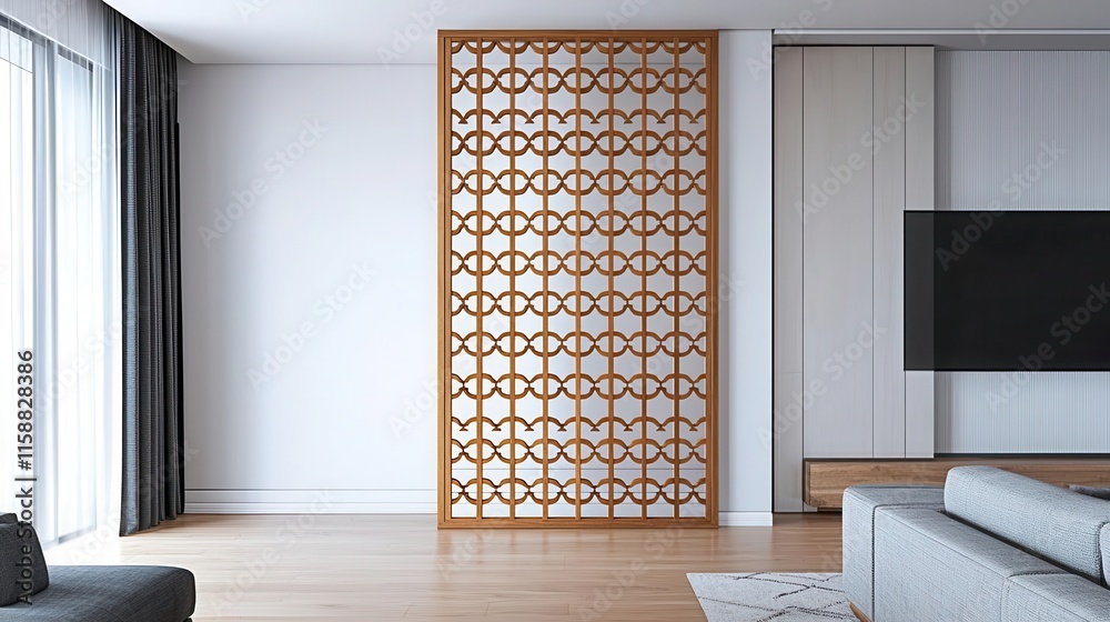 Fototapeta premium Teak wood room with intricate lattice design, eco-friendly concept, stylish partition