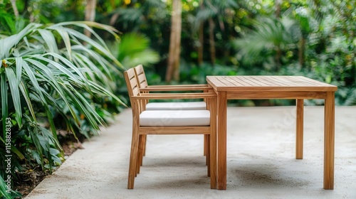 Teak wood outdoor furniture set, including a table and chairs in a tropical garden, eco-friendly outdoor living