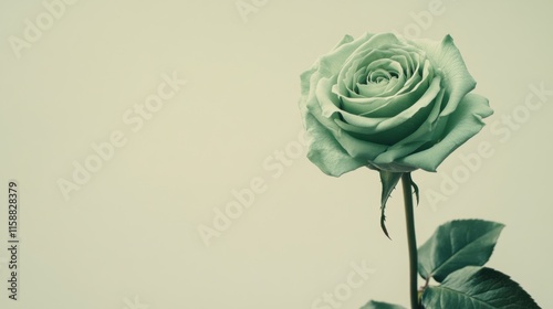 A lone pastel green rose isolated against a light taupe background, close-up shot, Minimalist style