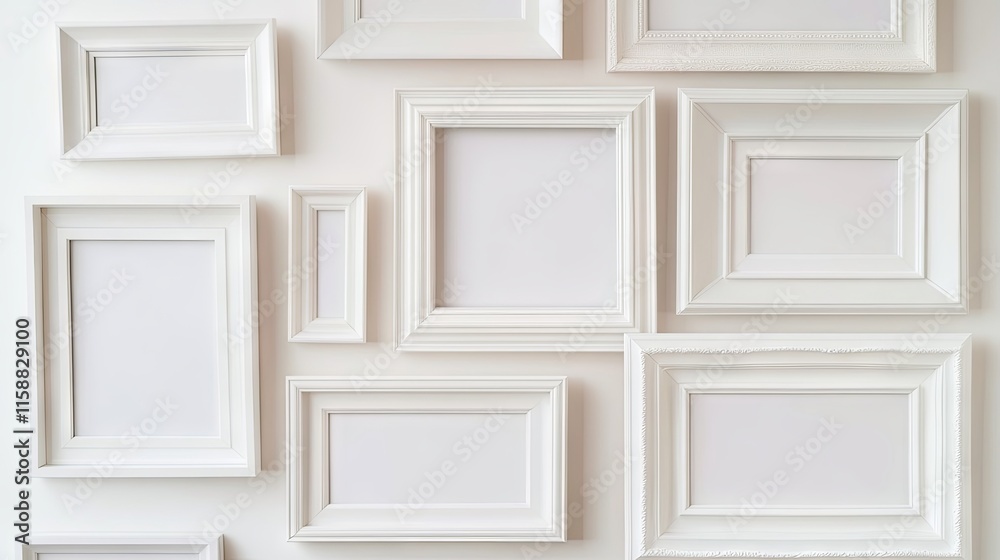 A group of blank white picture frames artfully arranged on a light-toned background, offering a minimalist design with ample copy space A group of blank white picture frames artfully arranged on a light-toned background, offering a minimalist design with ample copy space