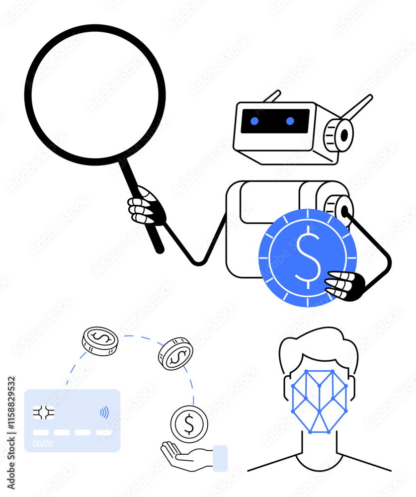 Fototapeta premium Robot with magnifying glass examining a dollar coin, digital payment transaction, and face recognition. Ideal for AI fintech industries, digital security, payment processing, financial analysis