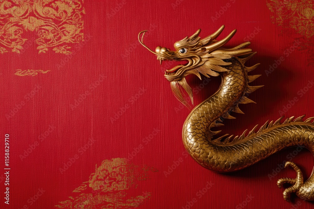 Obraz premium Minimalist Chinese New Year Design with Golden Dragon on Red Background