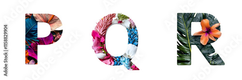 Letters P, Q and R made with tropical floral motifs. Evoking paradisiacal landscapes. Hawaii and Polynesia. Paradise alphabet and typography. Transparent PNG