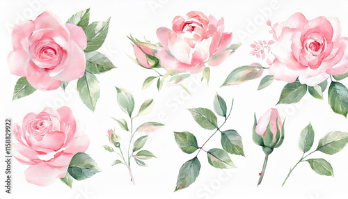 Watercolor Floral Elegance: A Stunning Collection of Pink Roses, Garden Blooms, Eucalyptus, and Greenery for Wedding and Botanical Designs