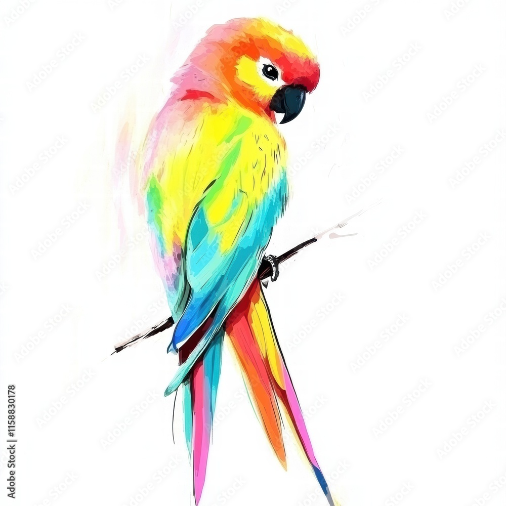 Fototapeta premium Bright parrot illustration perched on a branch with copy space for text. Generative AI