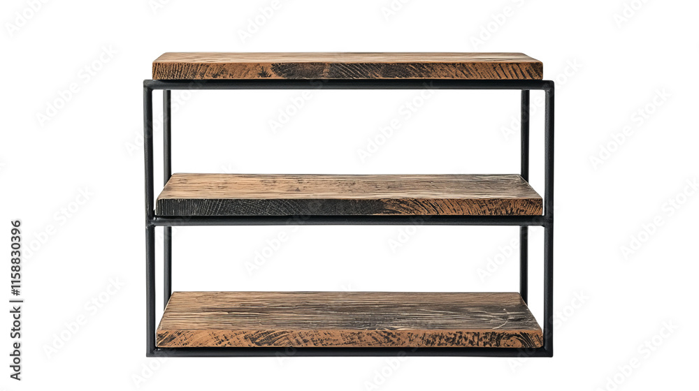 A modern shelving unit with three rustic wooden shelves supported by a sleek metal frame. A modern shelving unit with three rustic wooden shelves supported by a sleek metal frame.