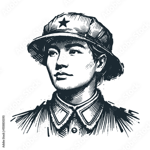 The china revolution army. Black white vector illustration.