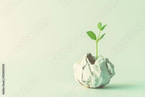 Minimalist Eco Concept: Green Plant Growing from a Crumpled Paper Ball