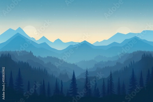 Silhouetted Pine Trees in Front of a Misty Mountain Range Under a Starry Sky