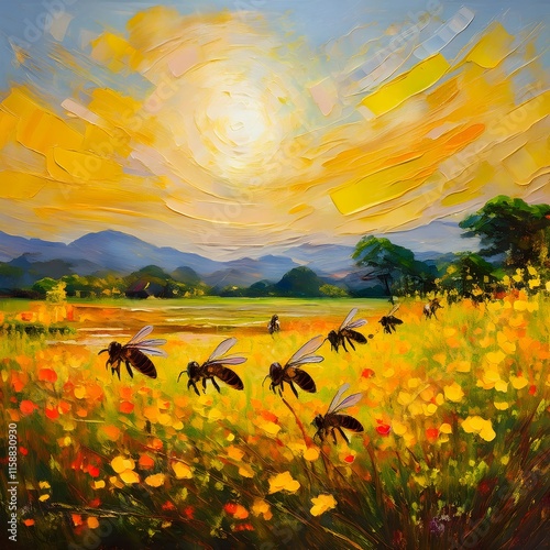 As the sun bathes the fields in warm hues in this time In the golden fields of mustard flowers bees are collecting honey in oil painting