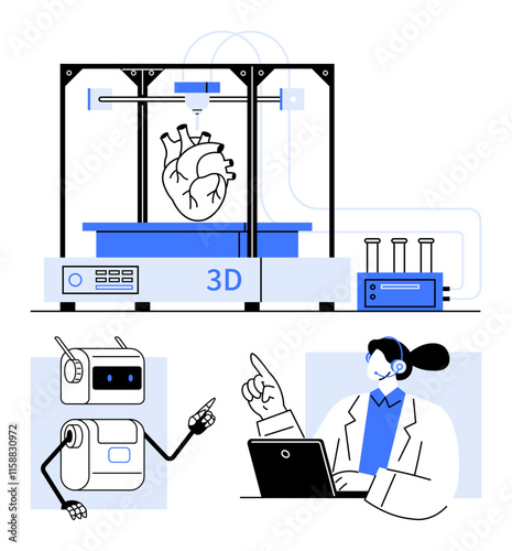 3D printer crafting a human heart test tubes robots, researcher using laptop. Ideal for medicine, technology, innovation, healthcare, research, robotics, education. Line metaphor