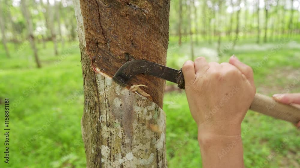 A smallholder farmer tapping a rubber tree on a plantation to harvest latex