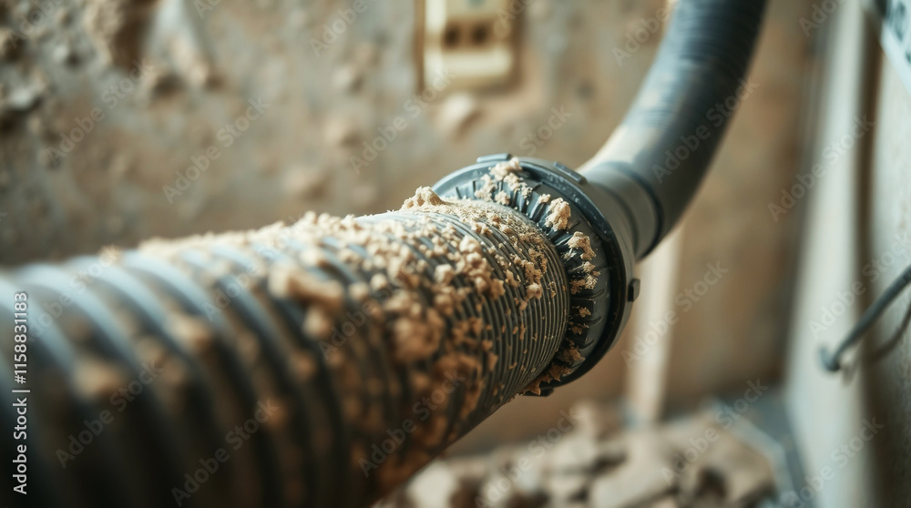 Industrial Vacuum Cleaner Hose Close-Up With Dust and Debris Accumulation Industrial Vacuum Cleaner Hose Close-Up With Dust and Debris Accumulation