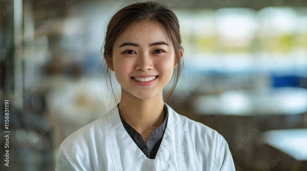 Smiling Asian female scientist in lab coat. Smiling Asian female scientist in lab coat.
