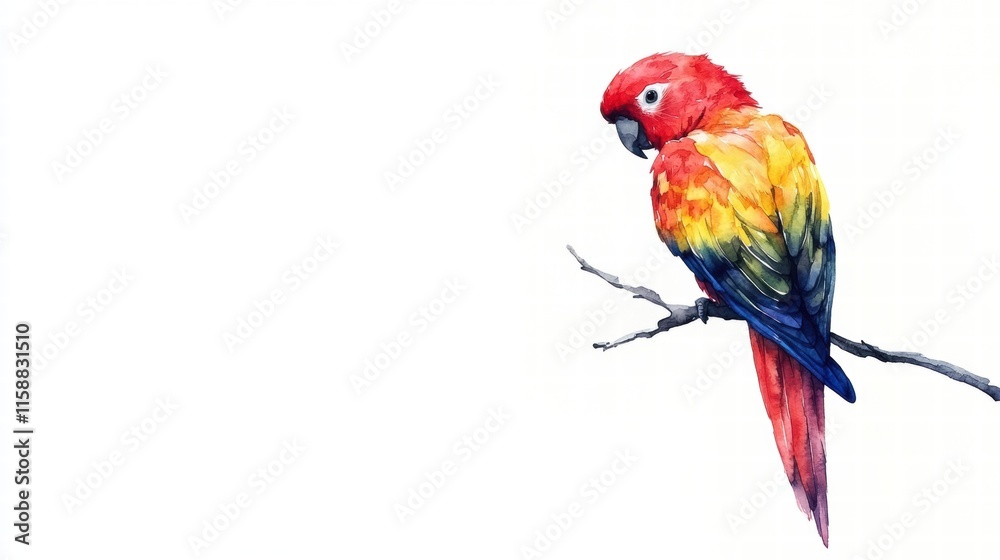 Fototapeta premium Brightly colored parrot perched on a branch with ample space for creative text or designs. Generative AI