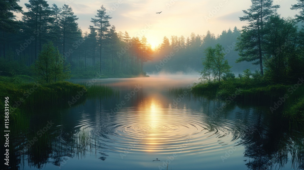 Obraz premium Misty sunrise over tranquil forest lake.