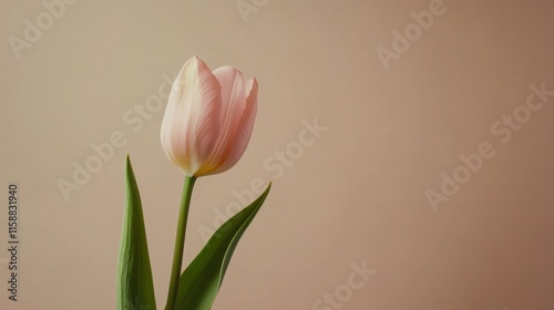 A lone pastel pink tulip isolated against a soft taupe background, close-up shot, Minimalist style