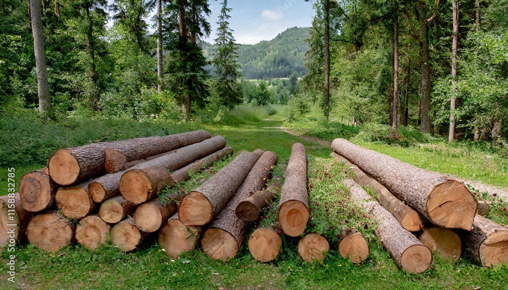 Wood Logs Neatly Arranged in a Forest Clearing for Sustainable Timber Wood Logs Neatly Arranged in a Forest Clearing for Sustainable Timber