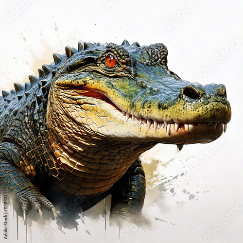 An American alligator , created with bold and angular brushstrokes to emphasize its ancient and primal presence. The design is dynamic and striking, rendered on a white background photo