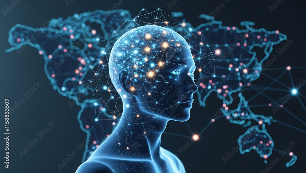 custom made wallpaper toronto digitalFuturistic Human Head with Neural Connectivity and Digital World Map