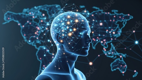 Wallpaper Mural Futuristic Human Head with Neural Connectivity and Digital World Map Torontodigital.ca