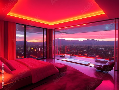 Luxurious penthouse bedroom with city view at sunset.