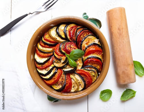 Classic french ratatouille consisting of eggplant, tomatoes and zucchini slices