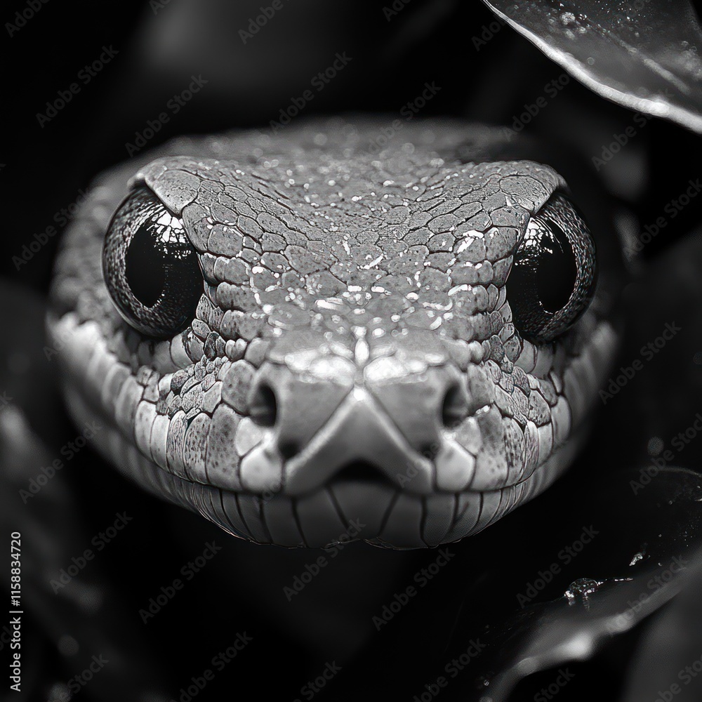 Fototapeta premium Close-up monochrome portrait of a snake's head emerging from foliage.