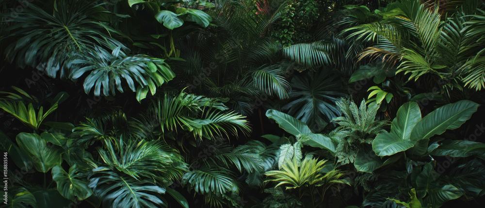 Fototapeta premium Cinematic view of a vibrant tropical rainforest canopy from above during daylight hours