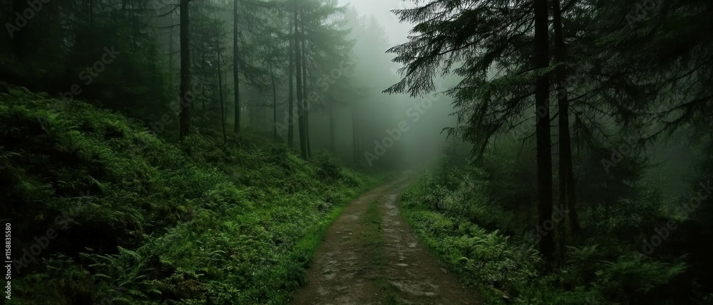 Fototapeta premium Misty forest path winding through lush greenery under soft morning light
