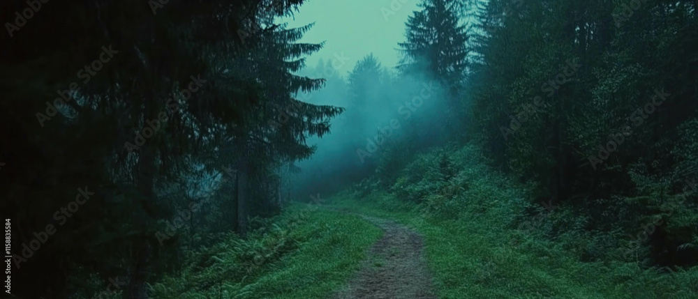 Obraz premium Misty forest path reveals tranquility and mystery in the early morning light