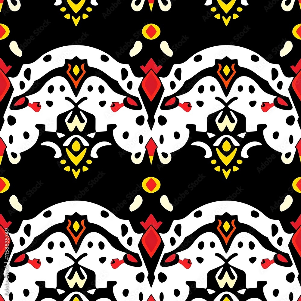 Fototapeta premium Vibrant Ethnic Ikat Pattern: Seamless textile design. Bold, black background with red, white, and yellow repeating patterns. Perfect for fashion, home decor, and surface design. 