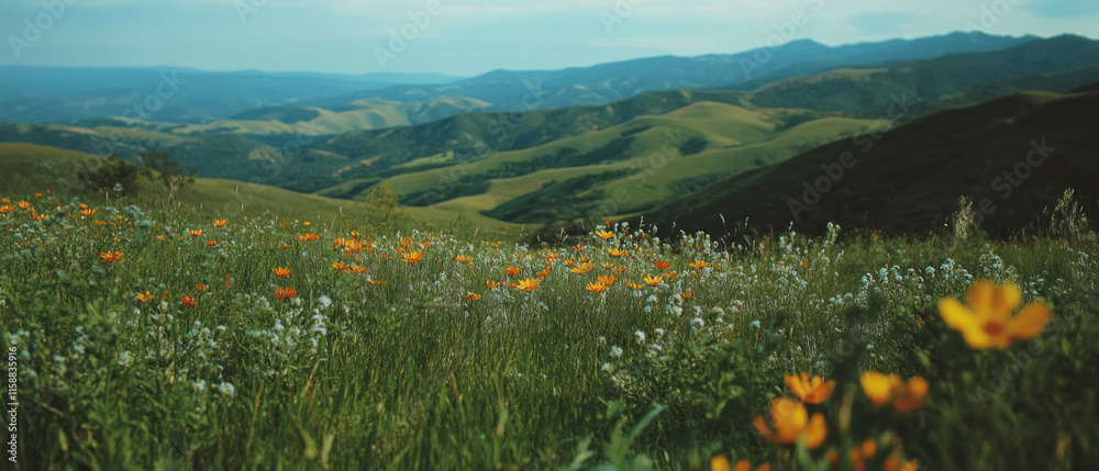 Fototapeta premium Cinematic view of vibrant wildflowers on rolling hills under a clear sky