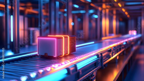 Neon-lit priority package on a futuristic conveyor belt in a vibrant warehouse environment
