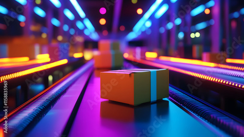 Neon-lit priority package on a futuristic conveyor belt in a vibrant warehouse environment