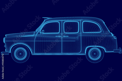 Blue car wireframe. The car is old and has a vintage look