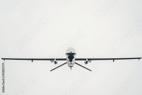 close-up minimalist view of military drone underside captured against clean light gray sky