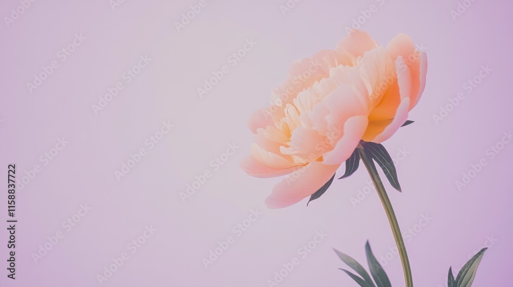 Fototapeta premium A lone soft peach peony isolated against a muted lavender background, close-up shot, Minimalist style