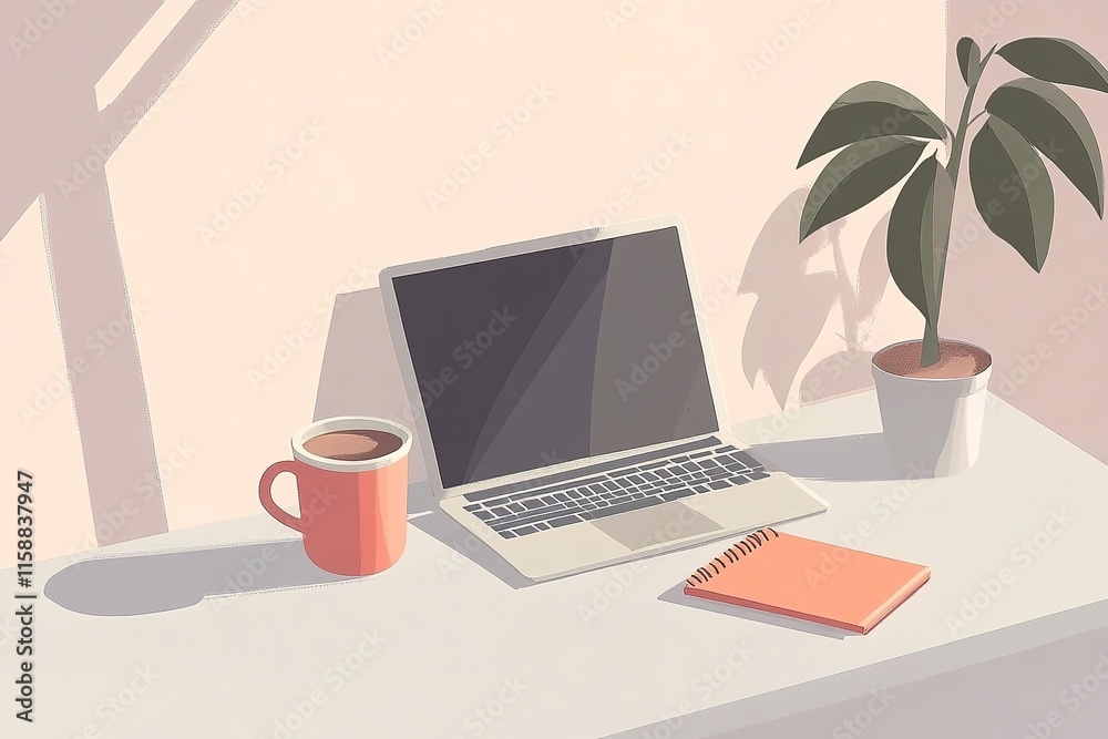 graphic illustration of laptop on clean light gray desk with cup of coffee and notebook nearby graphic illustration of laptop on clean light gray desk with cup of coffee and notebook nearby