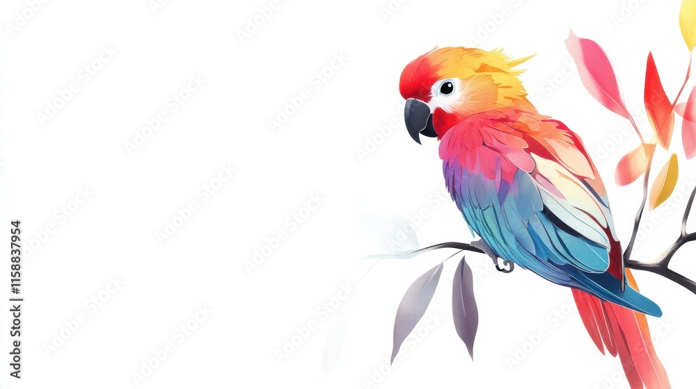 Obraz premium Bright parrot perched on a branch with vibrant colors against a white background for text placement. Generative AI