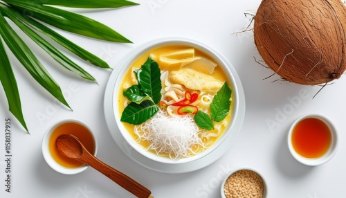 Delicious Kanom Jeen Sao Nam with Coconut Garnishes and Fresh Ingredients in a Modern Setting photo