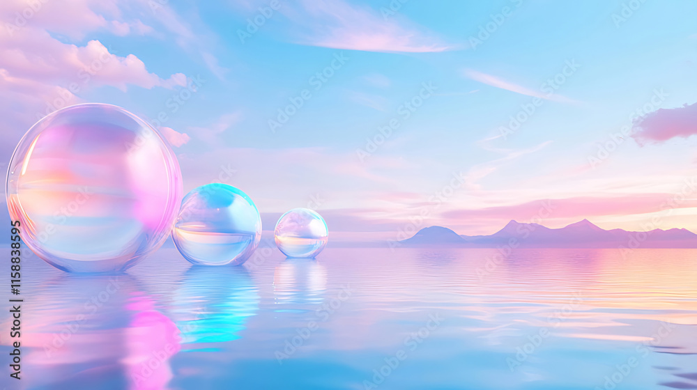Three iridescent glass spheres reflect on calm water at sunset, mountains in background. Three iridescent glass spheres reflect on calm water at sunset, mountains in background.
