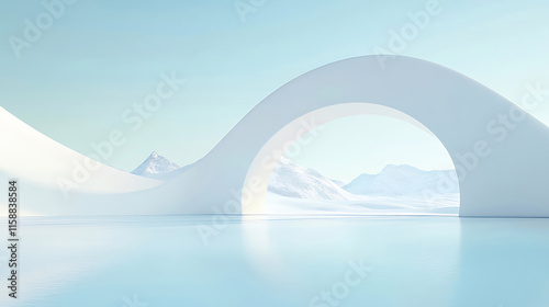 Minimalist white archway framing snowy mountain landscape reflected in still water.